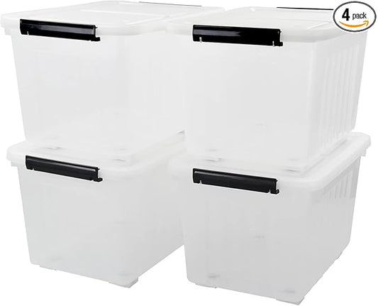 30 L Clear Plastic Storage Bins with Lids, Stackable and Nestable Storage Boxes with Wheels, Large Plastic Storage Containers for Garage, Closet, Kitchen, 4 Packs