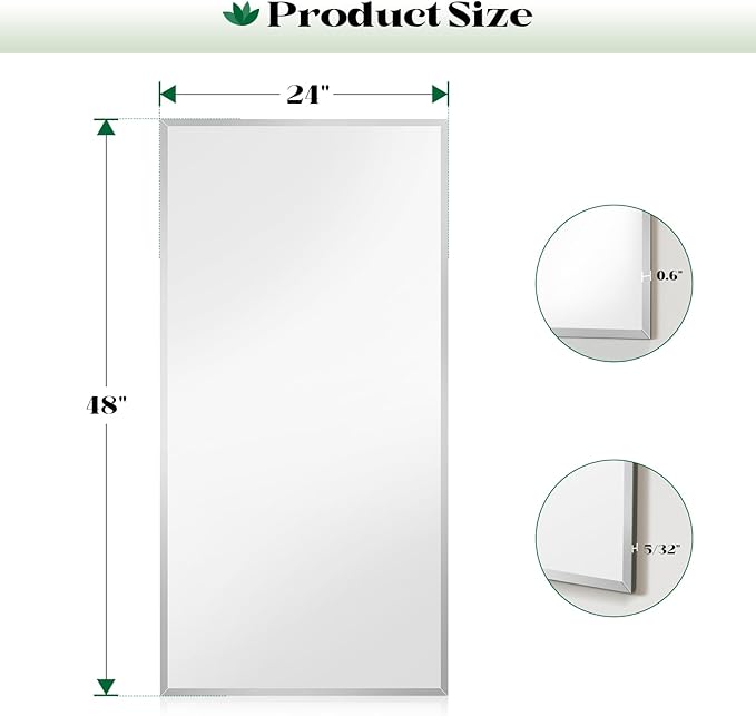Frameless Mirror, 24"x48" Beveled Mirror for Wall, Bathroom Vanity Mirrors for Entryway, Bedroom, Living Room Hangs Horizontally or Vertically