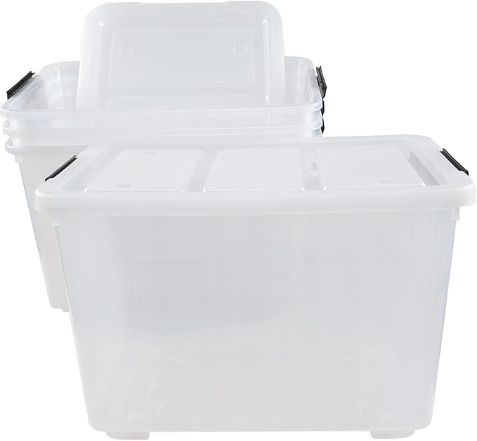 70 Qt Stackable Plastic Storage Bins with Lids, 4 Pack, See-Through Organizing Containers Box, Durable Nestable Containers Organize Shoes Closet Shelves Clothes Blankets Towels, Clear