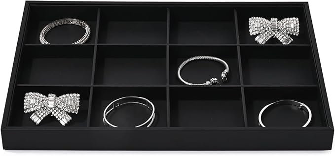 12 Grids Black Leather Jewelry Trays Stackable Jewelry Organizer Trays For Drawer Bracelet Earring Display Watches Brooches Display (Black)