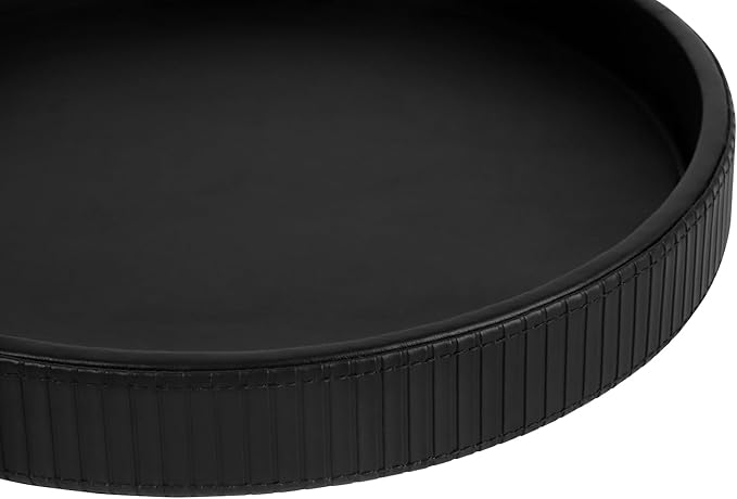 HofferRuffer Round Decorative Tray, Faux Leather Vanity Tray Decor, Decorative Catchall for Perfume, Bathroom Valet, Nightstand or Dresser (Black Stripe, Round-12" x 12" x 1.6")