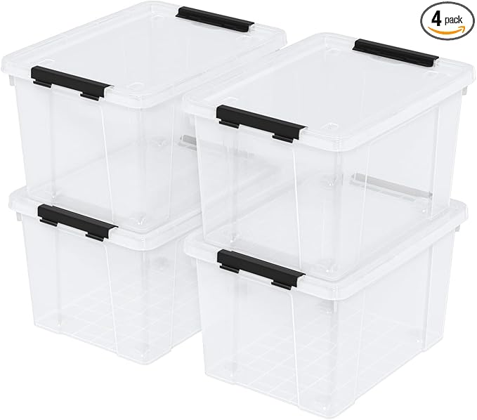 4-Pack 22 Quart Plastic Storage Bins with Lids, Plastic Latching Storage Box with Wheels, Clear