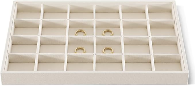 Linen 24 Grid Stackable Rings Earrings Display Tray, Brooch Ear Stud Cufflinks StorageTray, Jeweler Shop Counter Showcase Table Top Organizers, Makeup Table Drawer Insert Jewelry Tray