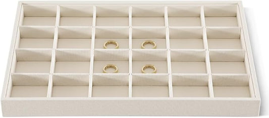 Linen 24 Grid Stackable Rings Earrings Display Tray, Brooch Ear Stud Cufflinks StorageTray, Jeweler Shop Counter Showcase Table Top Organizers, Makeup Table Drawer Insert Jewelry Tray