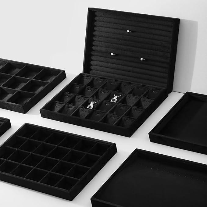 Velvet Stackable Jewelry Display Tray, 24 Grid Earring Ring Storage Tray, Drawer Divider Jewelry Accessories Organizer Plate (Black)
