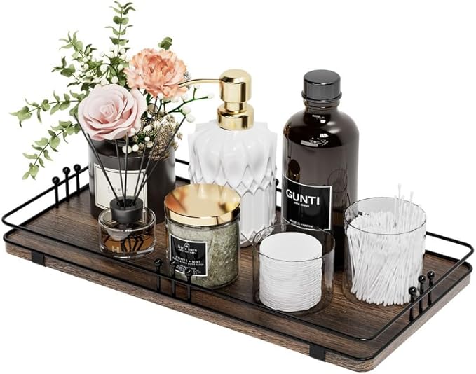 Toilet Paper Basket, Bathroom Basket for Counter Toiletries Towel Decor, Toilet Tank Tray, Guest Back of Toilet Organizer Storage, Vanity Tray for Perfume Makeup, Kitchen 13”x6.5” Brown-Black