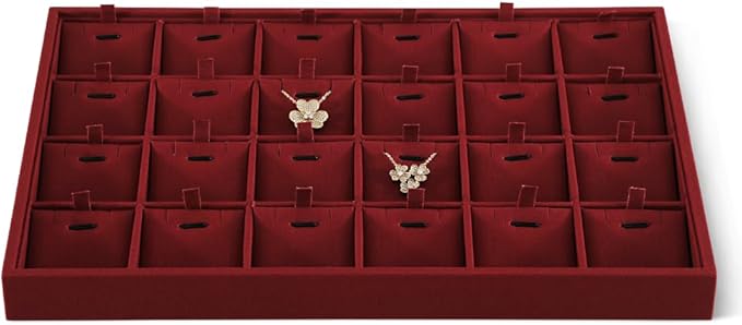 Linen Stackable Necklace Storage Tray, 24 Grid Pendant Display Tray, Jewellery Shop Counter Showcase Table Top Organizers, Makeup Table Drawer Insert Jewelry Tray