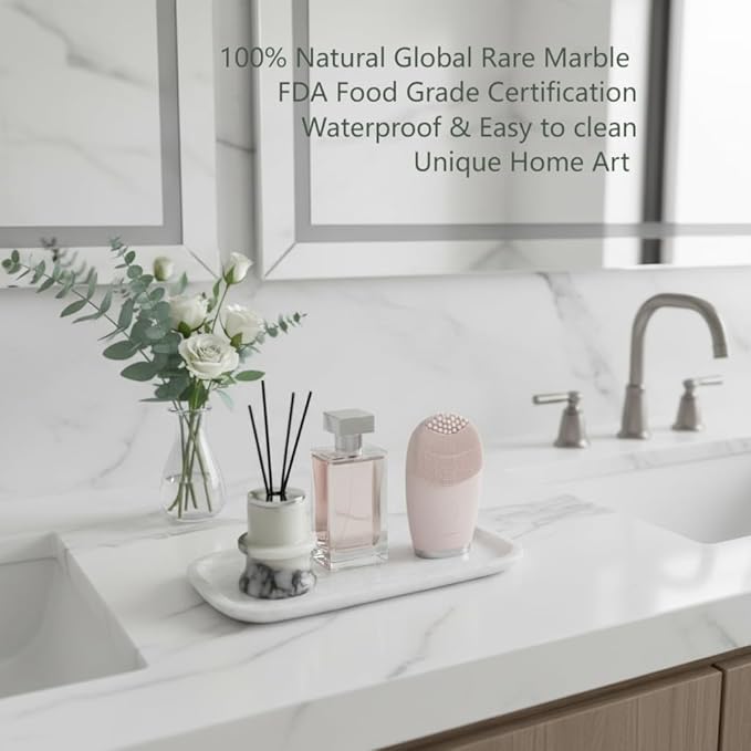 Marmor 100% Natural Marble Bathroom Tray for Perfume, Candles, Jewelry Stone Vanity, Bathroom & Kitchen Counter Organizer and Home Decor (Small White Crystal Tray)
