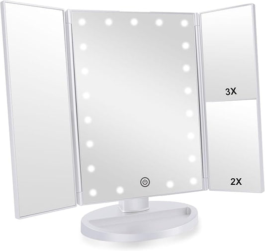 Trifold Makeup Mirror Vanity Mirror with Lights,1X 2X 3X Magnification,Touch Control,Adjustable Rotation,Dual Power Supply,Portable Travel Cosmetic Mirror,Birthday Gifts for Women,Teengirls