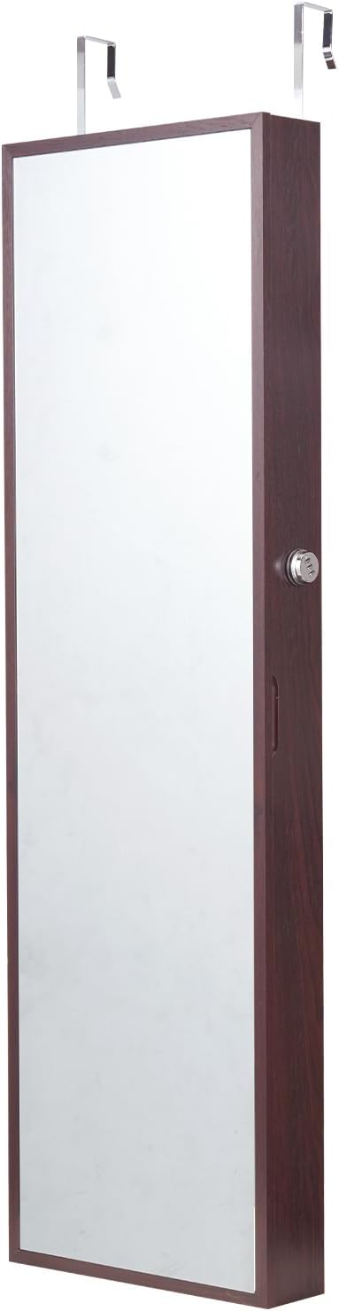 VEVOR Mirror Jewelry Cabinet, 47.2-Inch Tall Lockable Jewelry Armoire with Full-Length Mirror, Wall/Door Mounted Organizer with LED Lights and Velvet Lining, Brown