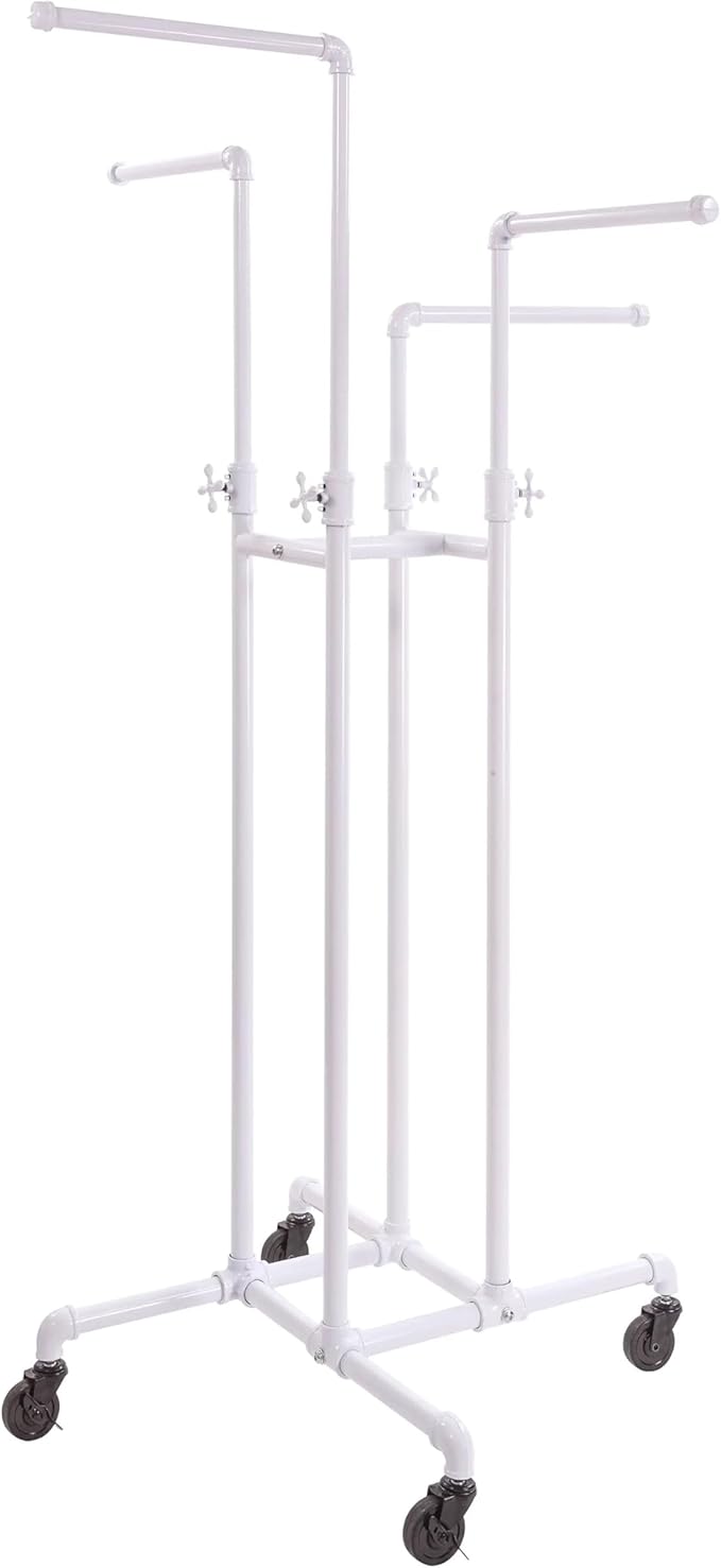Econoco Pipeline Four Way Boutique Garment Rack, Adjustable Height, Clothing Display Rack for Retail Stores, Gloss White Finish
