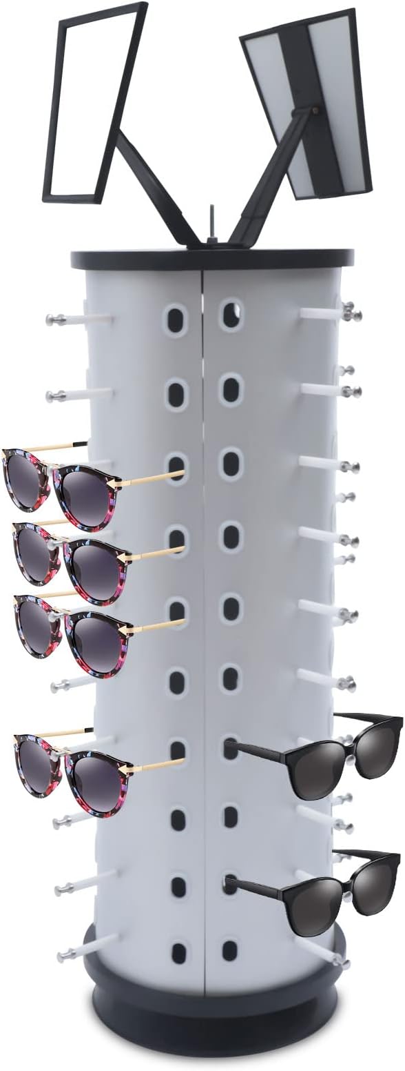 40 Pairs Sunglasses Holder Organizer, Rotating Glasses Display Stand Metal Sunglasses Display Stand with Mirror, Rotating Eyeglasses Holder Stand Countertop Sunglasses Rack