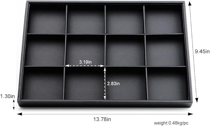12 Grids Black Leather Jewelry Trays Stackable Jewelry Organizer Trays For Drawer Bracelet Earring Display Watches Brooches Display (Black)