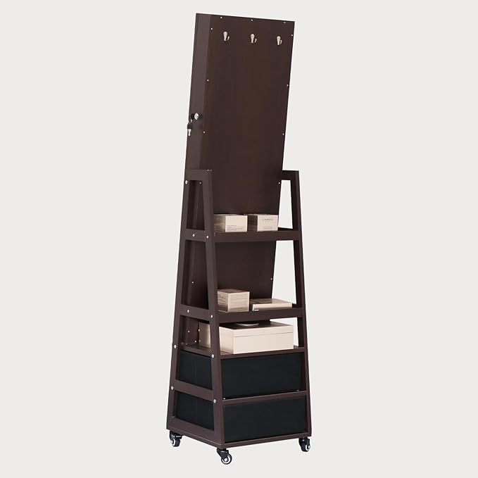 Rotating Standing Jewelry Cabinet with Lockable,Full Length Mirror with Storage Large Capacity Jewelry Organizer Armoire Floor Mirror with Back Storage Shelves for Bedroom Christmas Gifts Brown