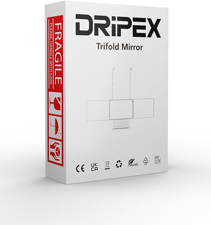 Dripex 3 Way Mirror with Storage Shelf and 3 Color LED Lights, Rechargeable Trifold Self Haircut 360° Mirror with Height Adjustable Hooks, for Makeup, Styling, Shaving, Braiding, Dye Hair (White)