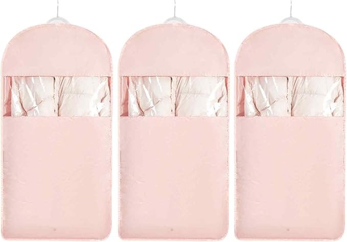 Space Saving Hanging Garment Bag with Self Compression Zipper，Dust Cover Clothes Bags for Down Coat,Dress,Suit，Closet Storage Organizer for Home Travel Use(Pink, L)