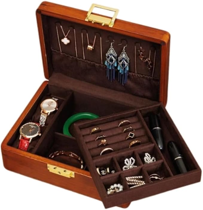 Bescott 2 Layer Solid Wooden Jewelry Box with Lock and Key for Women Men Vintage Velvet Wood Jewelry Organizer Storage for Earrings Rings Necklaces Bracelet Watch Mother’s Day Gift