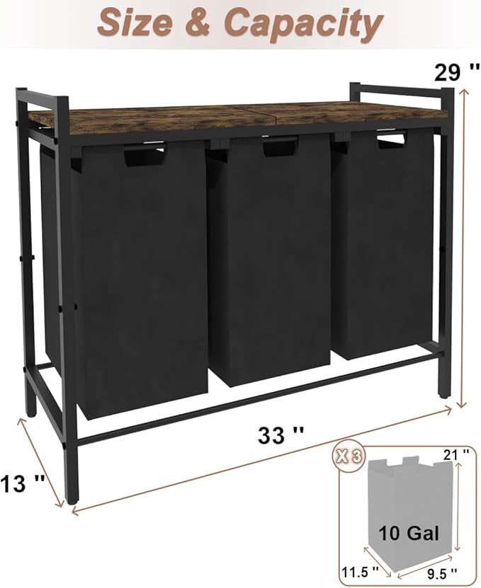 10 x 3 Gal Large Laundry Hamper with 3 Pull-Out & Removable Sorter Bags, Freestanding Clothes Basket Organizer for Clothing or Toys in Bathroom and Living Room, Rustic Brown and Black