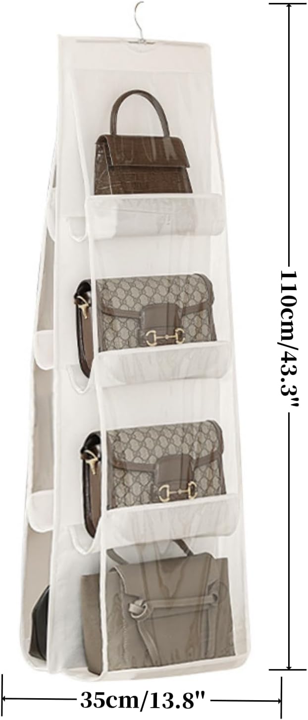 HAN SHENG 8 Pockets Clear Handbag & Purse Organizer Hanging Bag Storage - Space Saving Hanging Shelf for Closet, Wardrobe, Over Door (1 Pack, White)