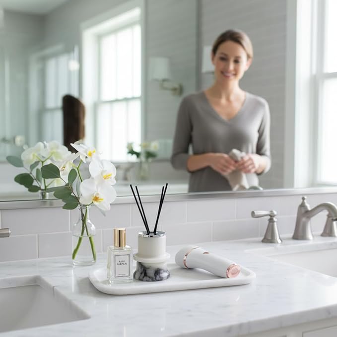 Marmor 100% Natural Marble Bathroom Tray for Perfume, Candles, Jewelry Stone Vanity, Bathroom & Kitchen Counter Organizer and Home Decor (Small White Crystal Tray)