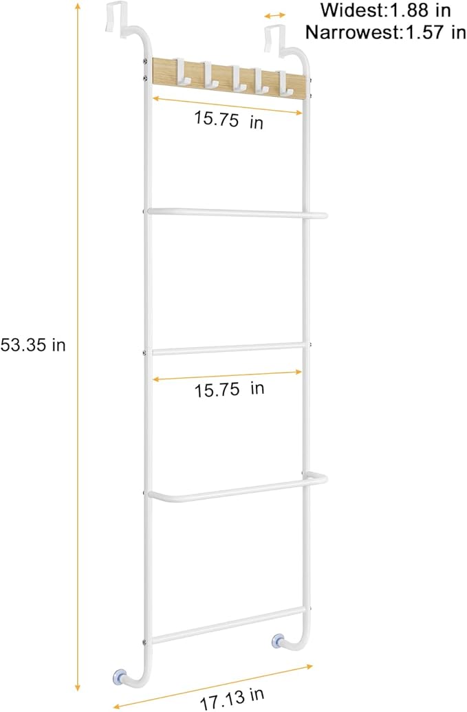 Over The Door Towel Rack 5 Tier Towel Door Hanger for Bathroom Over The Door Towel Bar Hanger with Hooks Back of Door Towel Rod Organizer for Clothes Hand Towels (White and Wood)