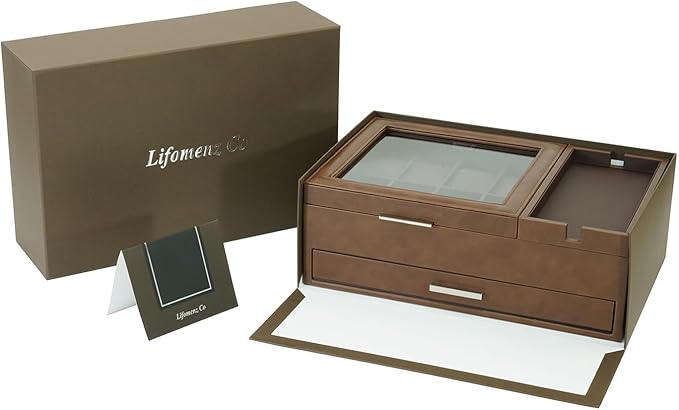 Men's Jewelry Box Organizer with Charging Station & Drawer - Premium Valet Tray for Watch, Phone, Wallet Storage - Brown