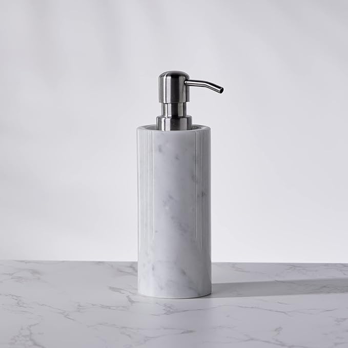 Luxurious White Marble Soap Pump Dispenser for Countertop, Bathroom & Kitchen, Hand or Dish Liquid Soap/Lotion 304 Steel Pump Bottle, Italy Carrara, Vanity