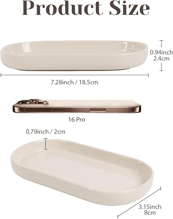 INGOFIN 7" Ceramic Bathroom Vanity Tray - Bathroom Organizer Countertop Tray for Perfume, Jewelry, Candles, Small Kitchen Counter Soap Tray, Decorative for Bathroom Vanity and Toilet Tank, Beige
