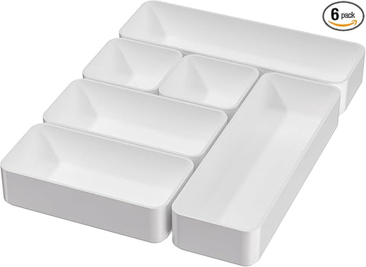 Organizer Drawer, Storage Plastic Desk Bins Stackable Organizers Tray, Bathroom Dividers Small Makeup Bin Clothes Organizing Trays for Containers Vanity Office Cabinet Desktop Compartment, White