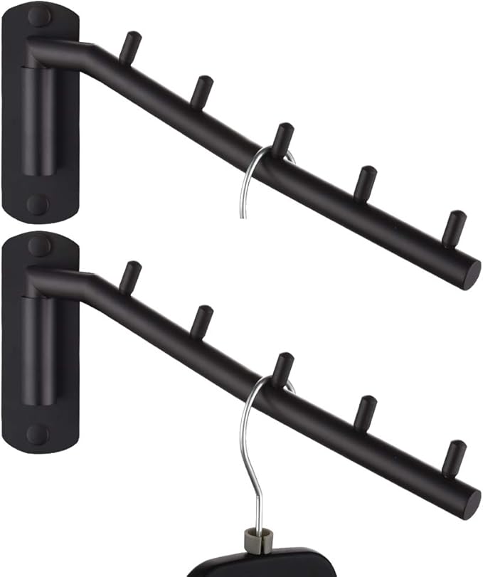 JQK Folding Clothes Hanger Rack, Stainless Steel Swing Arm Hook Holder, Clothing Hanging System Drying Closet Storage Organizer Matte Black Wall Mount 2 Pack, SHR100-PB-2P
