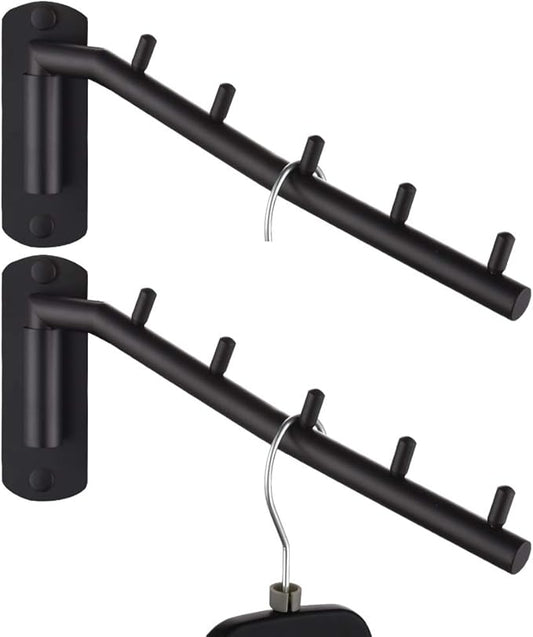 JQK Folding Clothes Hanger Rack, Stainless Steel Swing Arm Hook Holder, Clothing Hanging System Drying Closet Storage Organizer Matte Black Wall Mount 2 Pack, SHR100-PB-2P