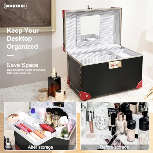 urecity Vintage Makeup Train Case, Black Artificial Leather with Red Trim, Professional Cosmetic Organizer with Metal Combination Lock, Multi-Layer Storage Box