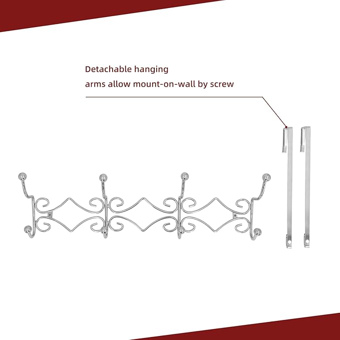 Lekarf Over The Door Coat Hook, 2PC Pack 4 Dual Hooks Rack, Chromed Steel Wire Hanger Hook for Living Room, Bedroom, Bathroom, Wardrobe, Fitting Room, Office