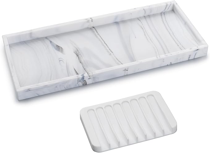 Bloss Counter Marble Tray and Soap Holder - 15.7" Silicone Bathroom Vanity Trays for Kitchen Counter, Toilet Tank Tray, Great Storage Trays for Perfume, Jewelry,Candle, Key