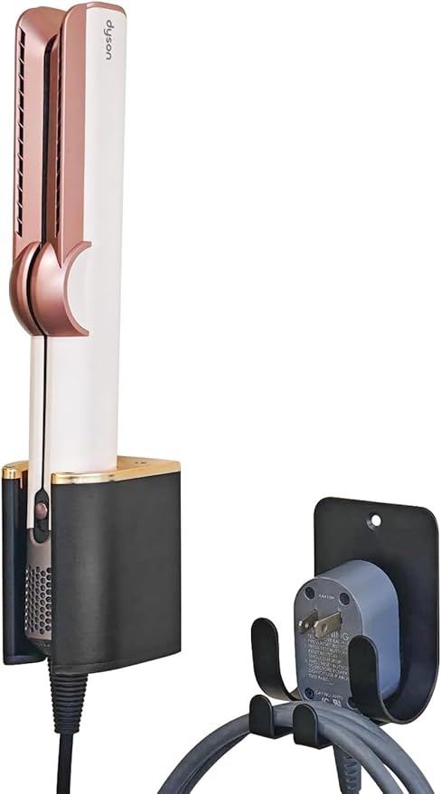 Dyson Airwrap Holder, Aluminum Curling Iron Holder Wall Mount for Dyson Airwrap/Airstraight/Shark Flex Style, Flat Iron Holder for Bathroom Storage, Black & Gold Chochoyah