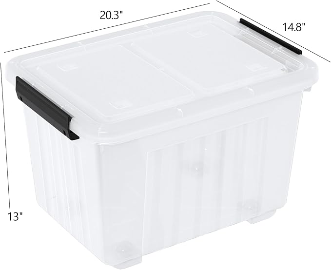 50 Quart Large Plastic Storage Box with Wheels, Latching Box with Lid, Wheeled Storage Bin, 4 Packs