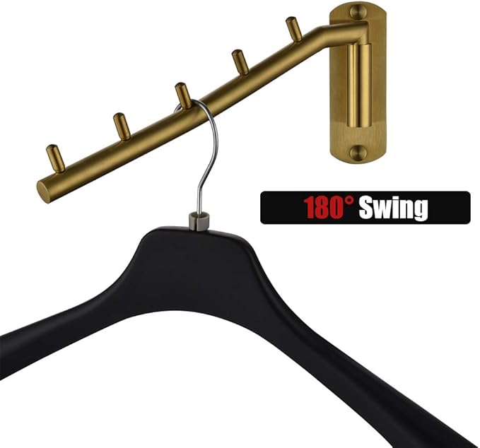 JQK Folding Clothes Hanger Rack, Stainless Steel Swing Arm Hook Holder, Clothing Hanging System Drying Closet Storage Organizer Brushed Gold Wall Mount 2 Pack, SHR100-BG-P2