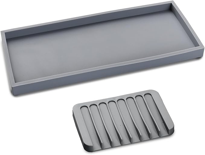 Bloss Silicone Tray Set for Bathroom/Kitchen - 15.7" Bathroom Soap Dispenser Tray and Soap Holder, Silicone Vanity Trays Countertop Organizer for Scrubber, Perfume, Jewelry, Candle Tray