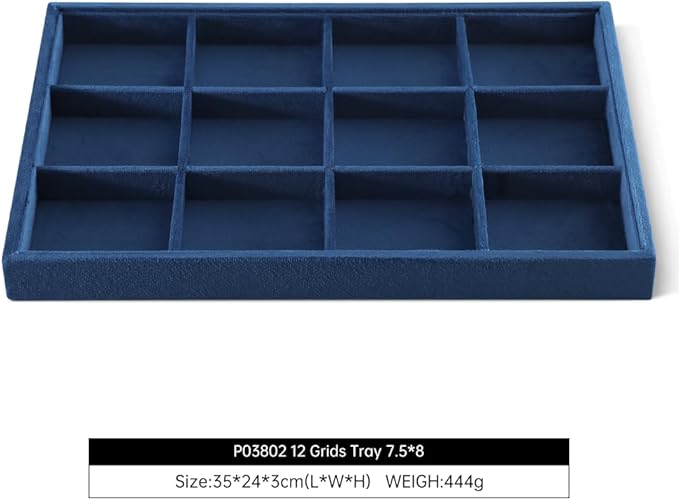 Velvet Stackable Jewelry Display Tray, 12 Grid Watch Bangle Bracelet Storage Tray, Makeup Drawer Insert Jewelry Shop Organizer Plate (Blue)