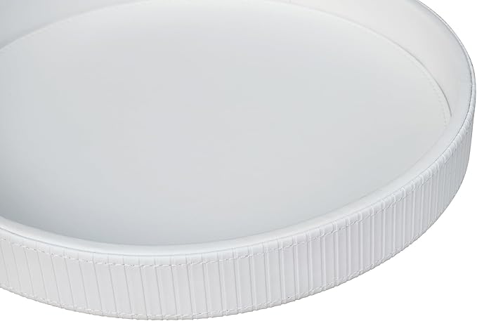 HofferRuffer Round Decorative Tray, Faux Leather Vanity Tray Decor, Decorative Catchall for Perfume, Bathroom Valet, Nightstand or Dresser (White Stripe, Round-12" x 12" x 1.6")