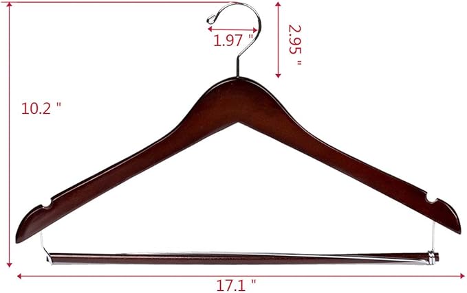10 Quality Hangers Wooden Curved Hangers Beautiful Sturdy Suit Coat Hangers with Locking Bar Chrome Hooks (10)