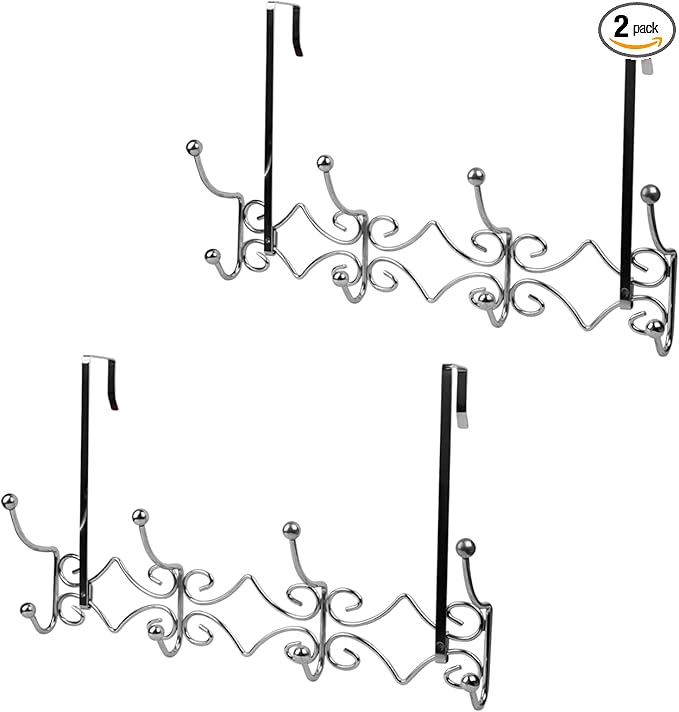 Lekarf Over The Door Coat Hook, 2PC Pack 4 Dual Hooks Rack, Chromed Steel Wire Hanger Hook for Living Room, Bedroom, Bathroom, Wardrobe, Fitting Room, Office