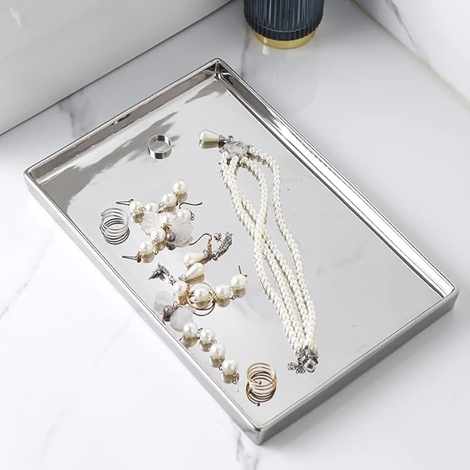 Silver Ceramic Jewelry Mirror Tray Vanity Holder Rectangular Mini Small Medium Large