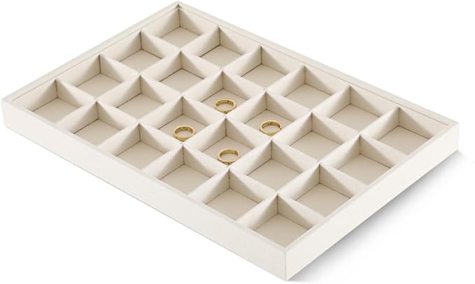 Linen 24 Grid Stackable Rings Earrings Display Tray, Brooch Ear Stud Cufflinks StorageTray, Jeweler Shop Counter Showcase Table Top Organizers, Makeup Table Drawer Insert Jewelry Tray