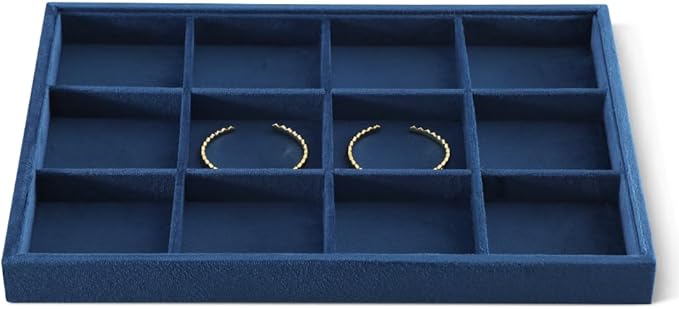 Velvet Stackable Jewelry Display Tray, 12 Grid Watch Bangle Bracelet Storage Tray, Makeup Drawer Insert Jewelry Shop Organizer Plate (Blue)
