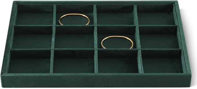 Velvet Stackable Jewelry Display Tray, 12 Grid Watch Bangle Bracelet Storage Tray, Makeup Drawer Insert Jewelry Shop Organizer Plate (Green)