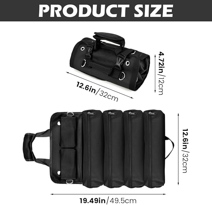 Roll-Up Tool Bag Heavy-Duty Waterproof - 4 Compartments & 2 Detachable Pouches | Compact Tool Organizer for Mechanics, RV & Motorcycle Storage, Handyman & Electricians (Black, Large)
