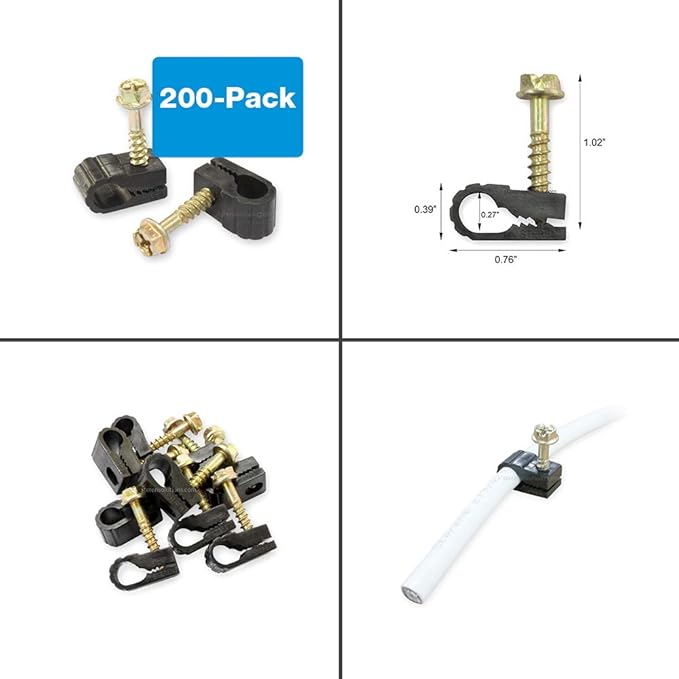 STEREN Coaxial Cable Clips - Cable Holder - Siding Clips for Hanging - Cord Holder for Desk - Cable Clamps - Cord Clip - Wire Organizer Clips - Tv Mount Screws (Black, 200 Count - Single Screw)