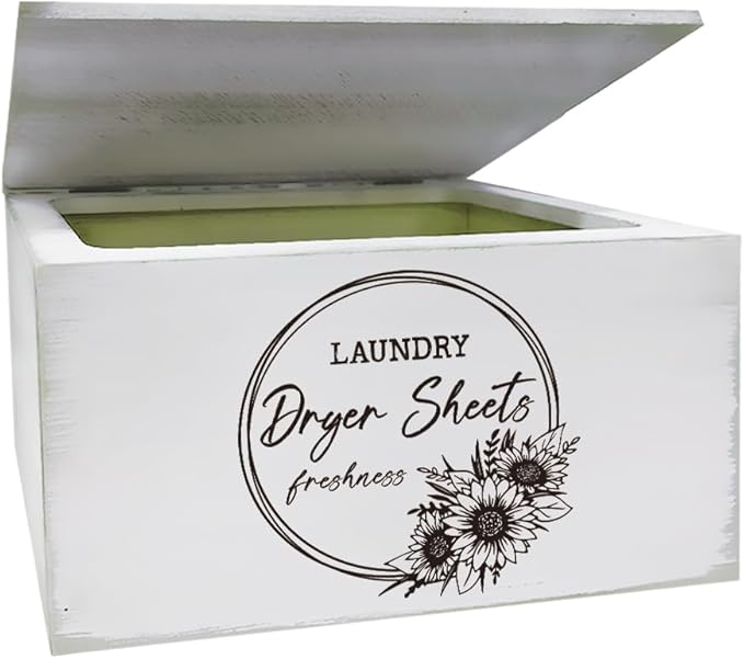 SUPERDANT Dryer Sheets Holder with Lid Rustic Dryer Sheet Dispenser Sunflower Dryer Sheets Lettering Laundry Sheet Container Fabric Softener Dispenser Box for Laundry Room Organization Storage White