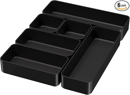 Organizer Drawers, Storage Plastic Desk Bins Stackable Organizers Tray, Bathroom Dividers Small Makeup Bin Clothes Organizing Trays for Containers Vanity Office Cabinet Desktop Compartment, Black